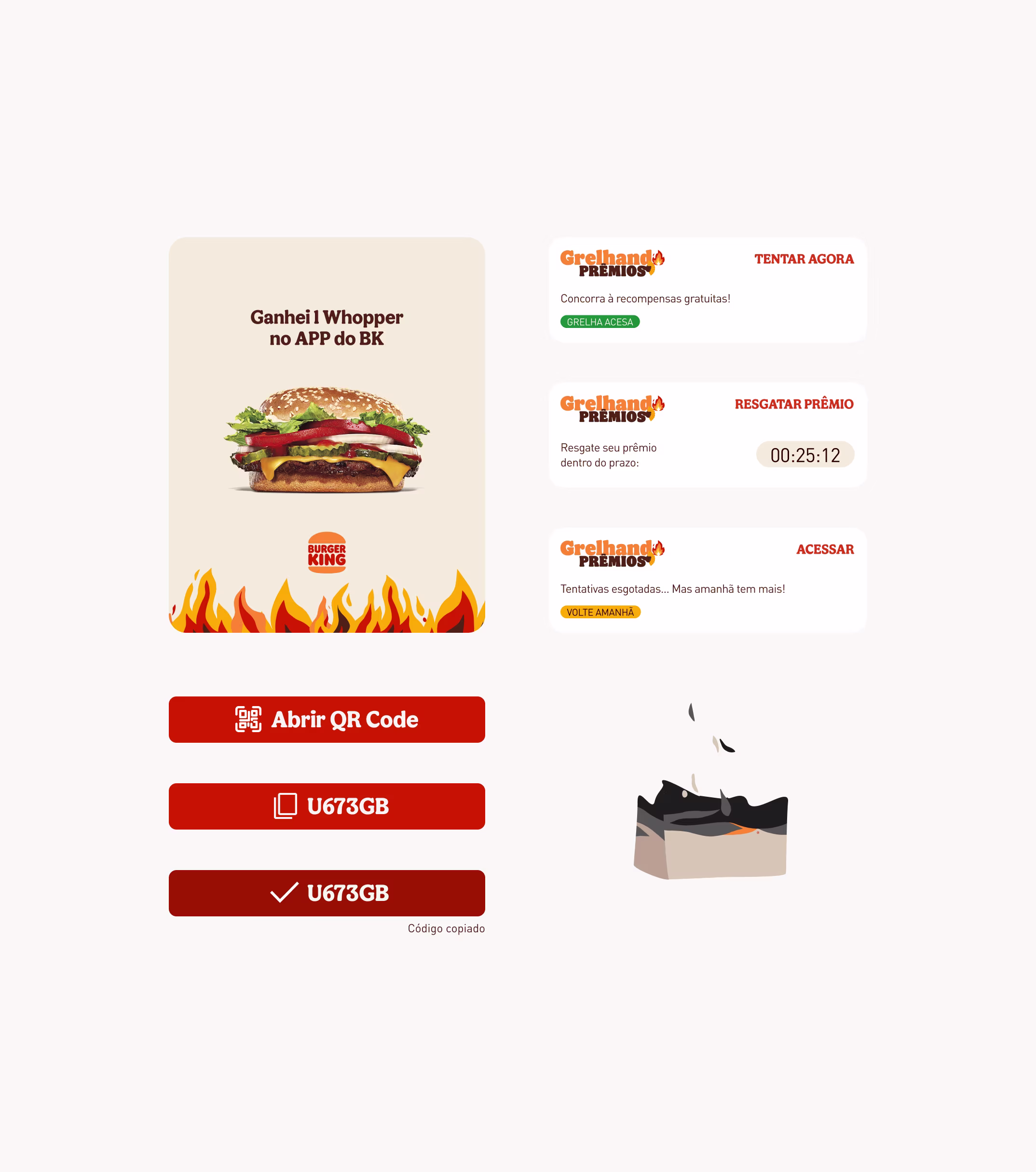 Prize screen, prize cards and QR code buttons