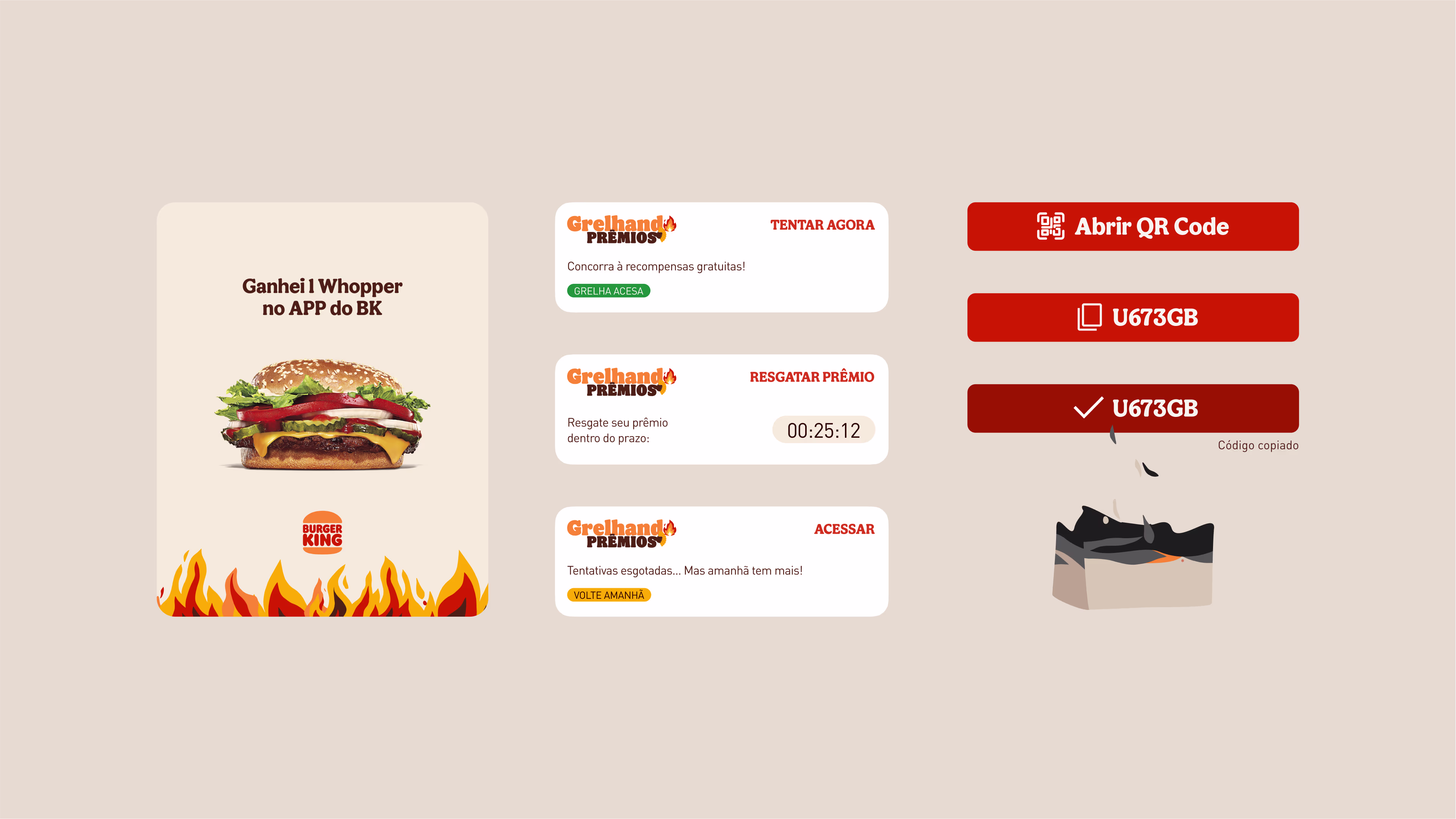Prize screen, prize cards and QR code buttons