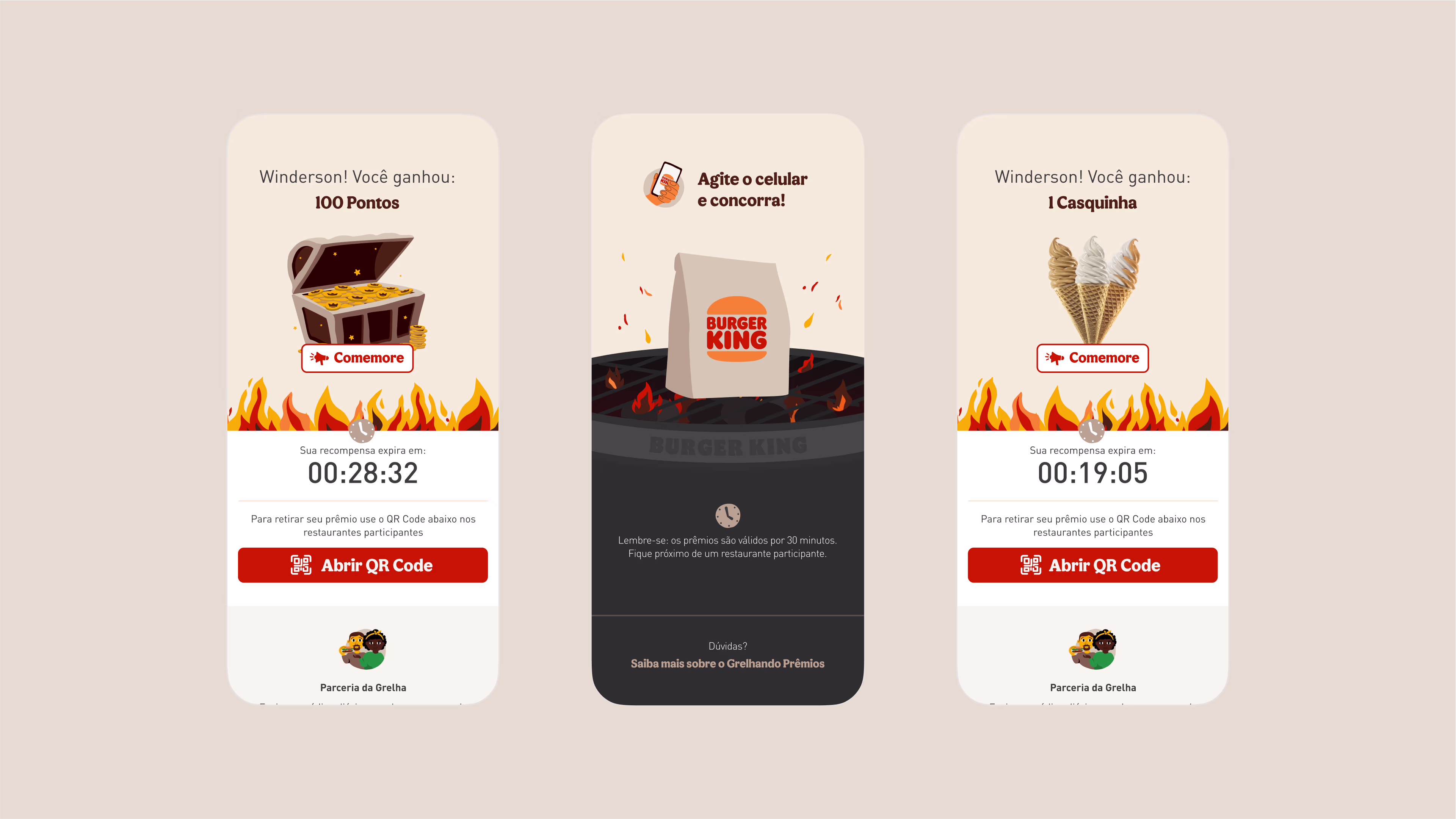 Three screens: two prizes won and the shake prompt