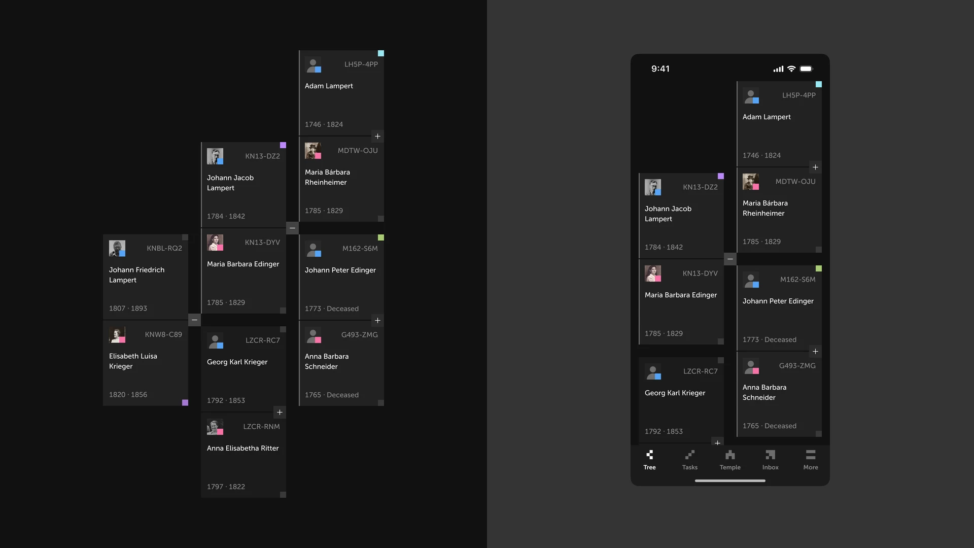 Square family tree cards alongside the same tree on a mobile screen