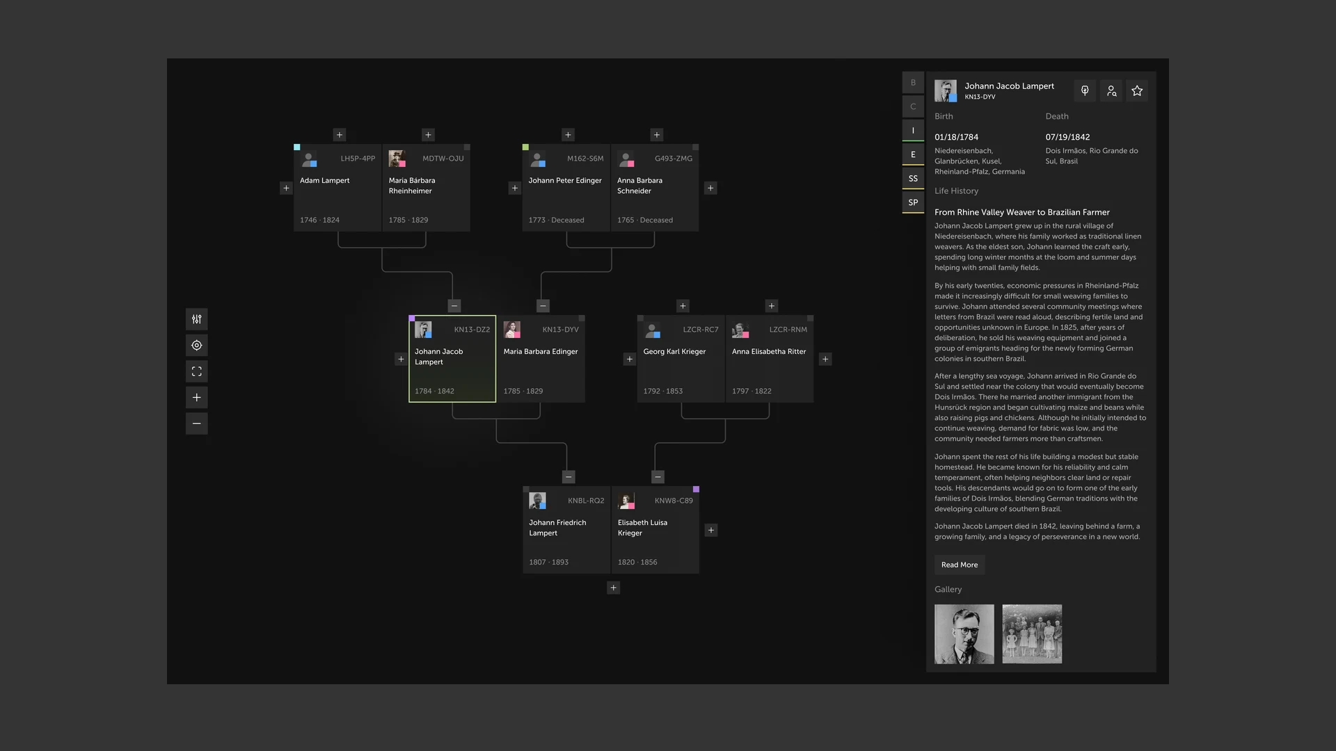 A desktop family tree with a selected ancestor and a life story panel