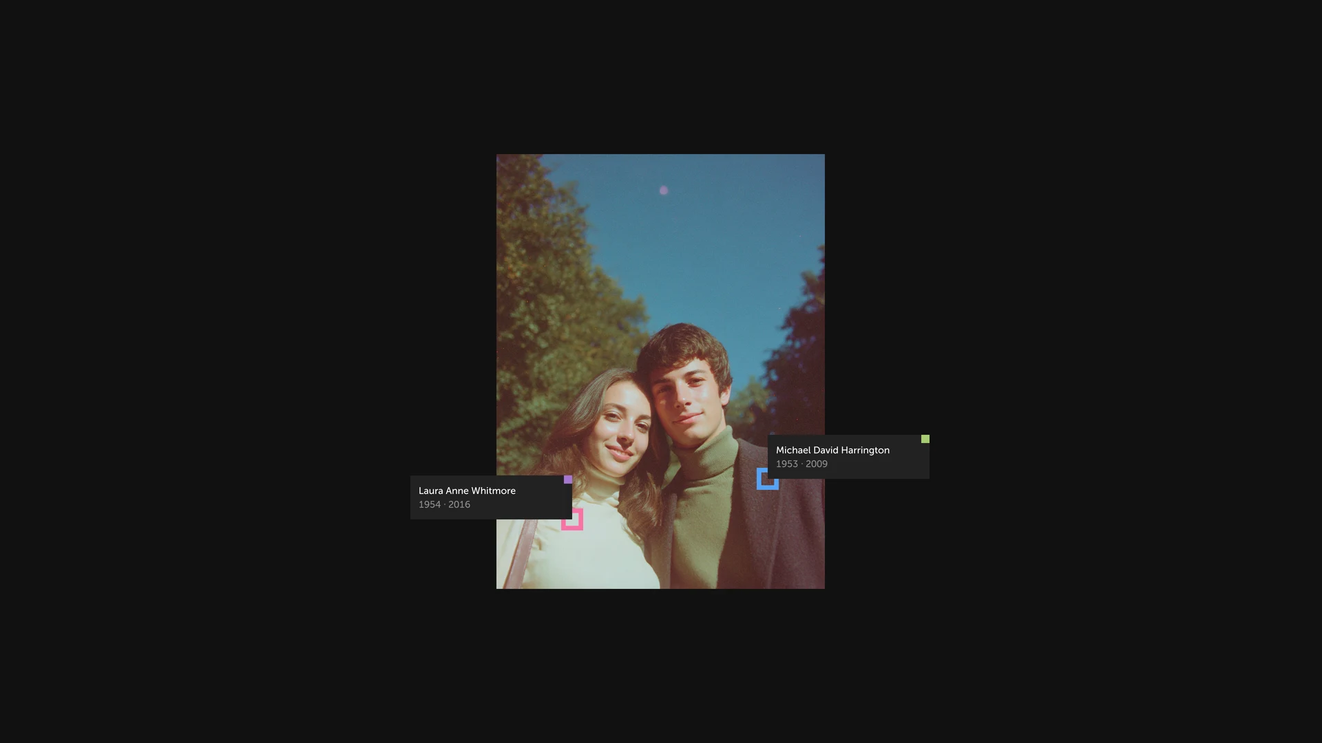 A couple’s photograph with colored hollow squares linking their family records