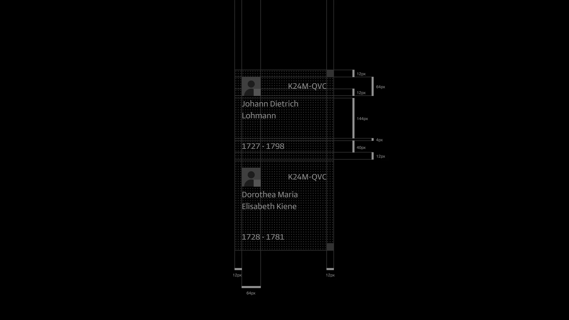 Family tree cards with a detailed spacing grid and pixel measurements