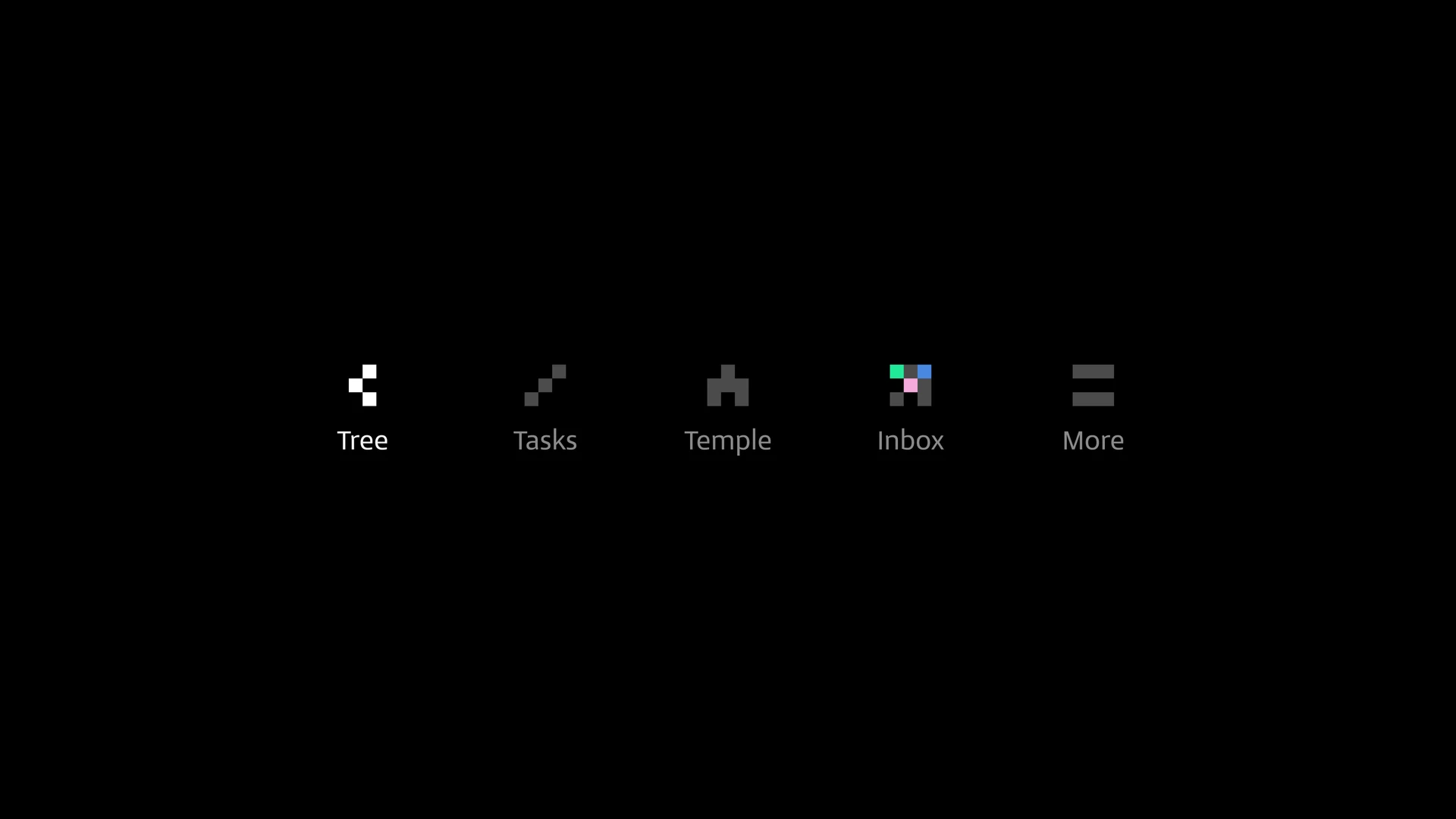 Tree, Tasks, Temple, Inbox, and More navigation icons built from squares