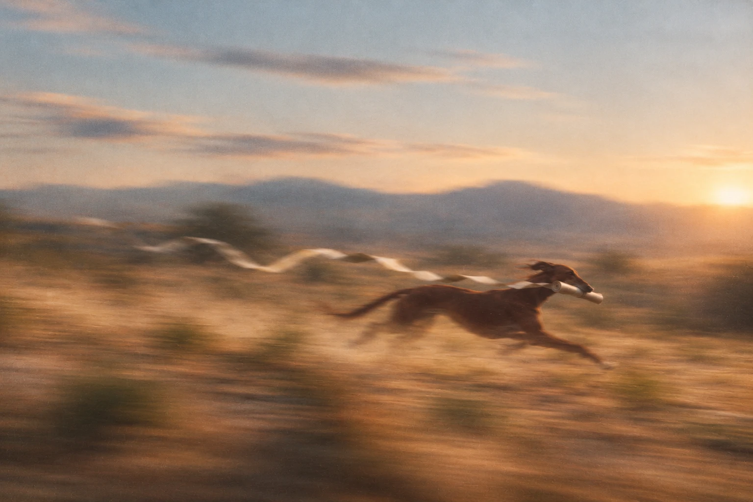 A greyhound carrying a parchment scroll runs through a sunlit landscape at sunset