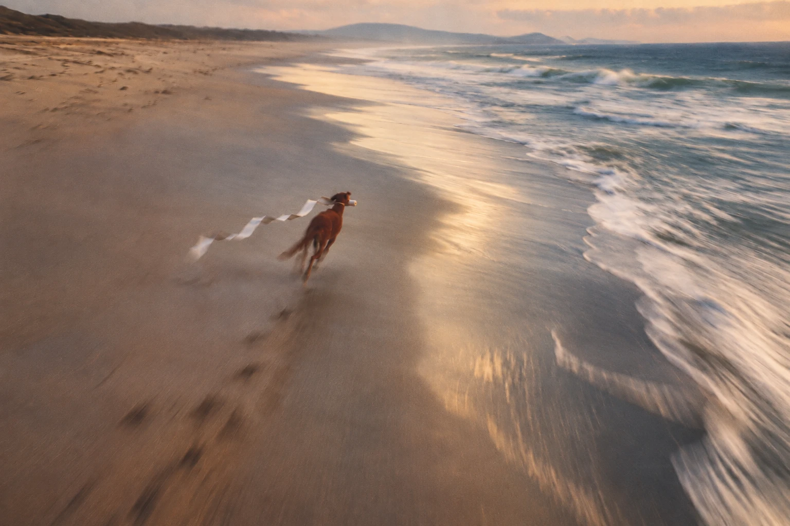 A greyhound carrying a parchment scroll runs along a beach beside the ocean at sunset